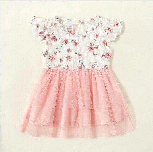 Baby Girl Pink Floral Tulle Dress with Flutter Sleeves - MARIGOLD