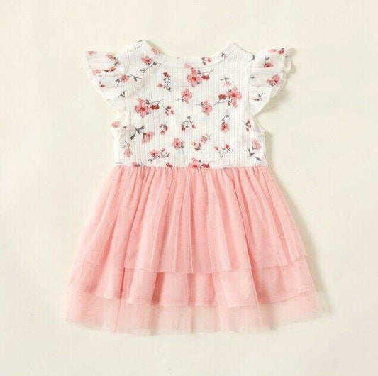 Baby Girl Pink Floral Tulle Dress with Flutter Sleeves - MARIGOLD