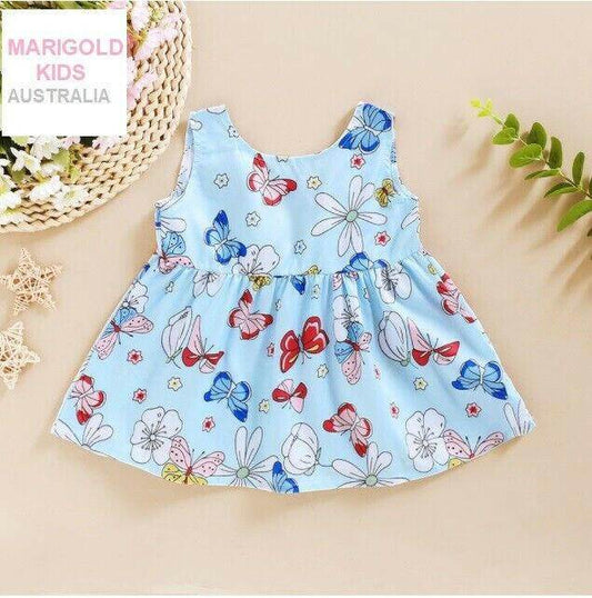 Baby Girls Sky Blue Butterfly Print Dress - MARIGOLD