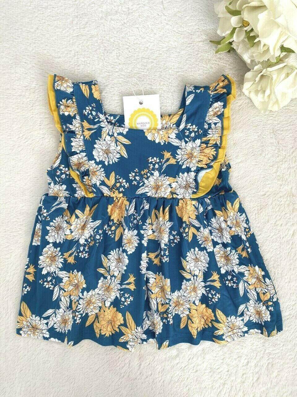 baby toddler girls dress size 6-9m to 3y teal blue & yellow floral flounce dress - MARIGOLD