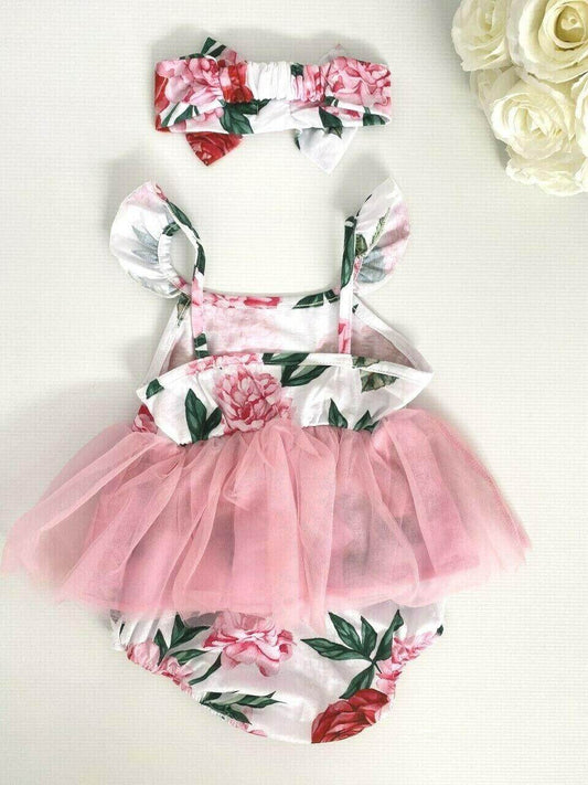 Girls Dress Toddler Size 12-18 months pink floral tutu dress & headband set - MARIGOLD