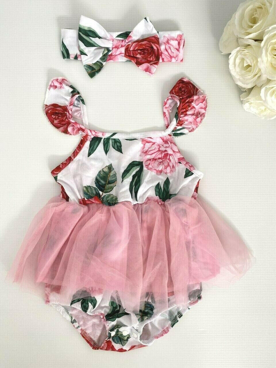 Girls Dress Toddler Size 12-18 months pink floral tutu dress & headband set - MARIGOLD