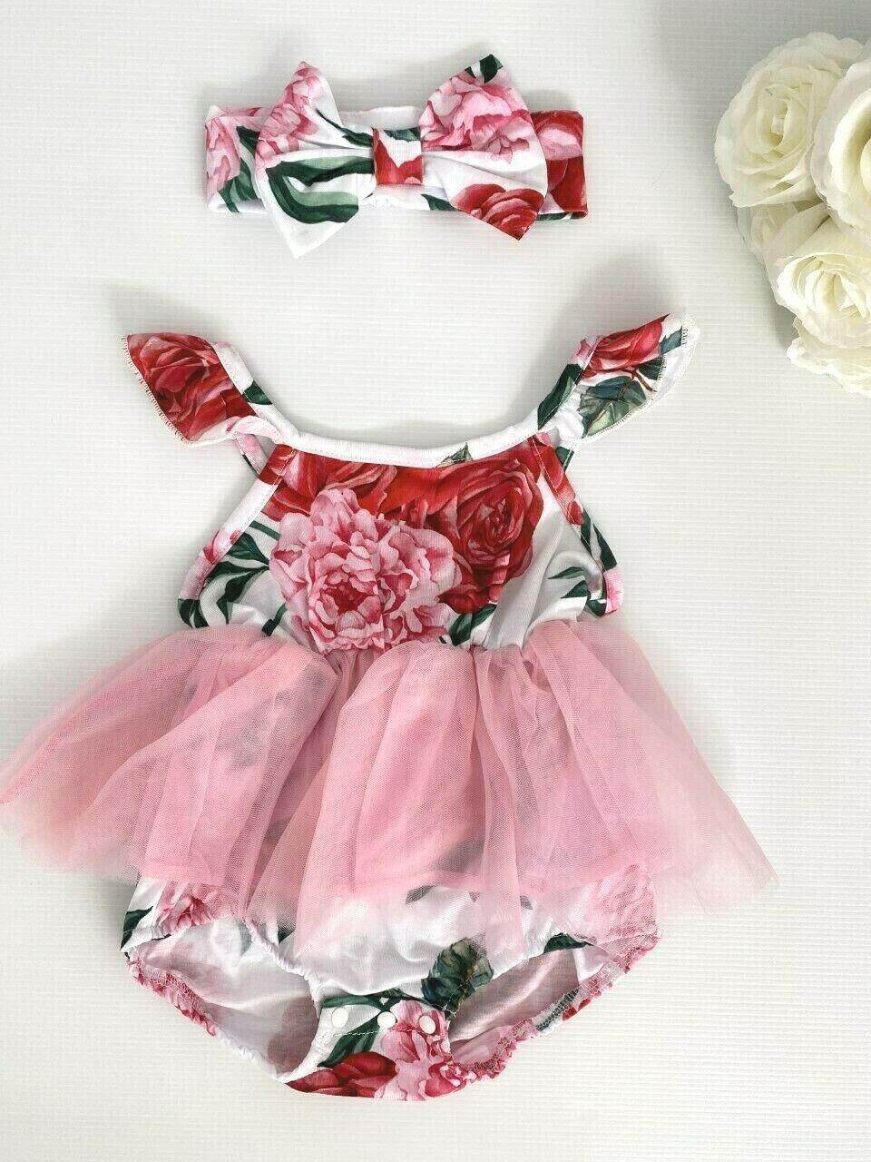 Girls Dress Toddler Size 12-18 months pink floral tutu dress & headband set - MARIGOLD