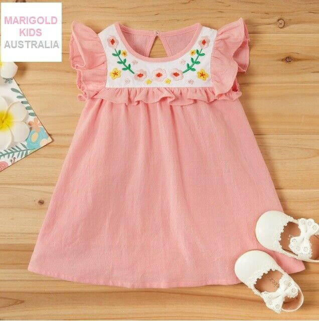 Pink Flower Embroidered Flutter Sleeve Dress - MARIGOLD