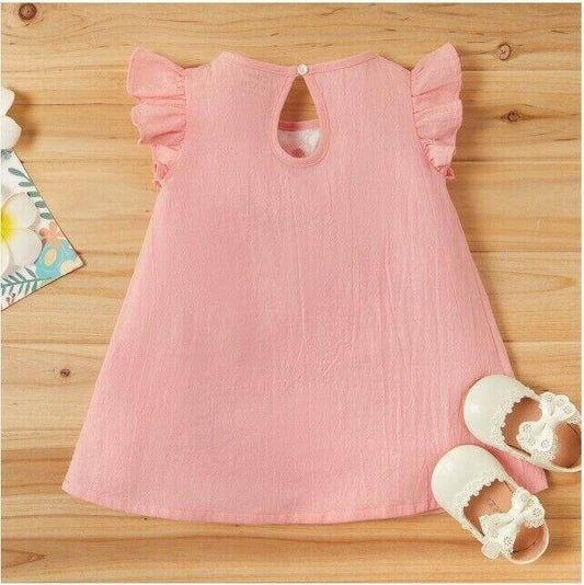 Pink Flower Embroidered Flutter Sleeve Dress - MARIGOLD