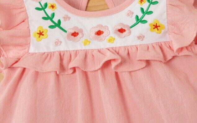 Pink Flower Embroidered Flutter Sleeve Dress - MARIGOLD