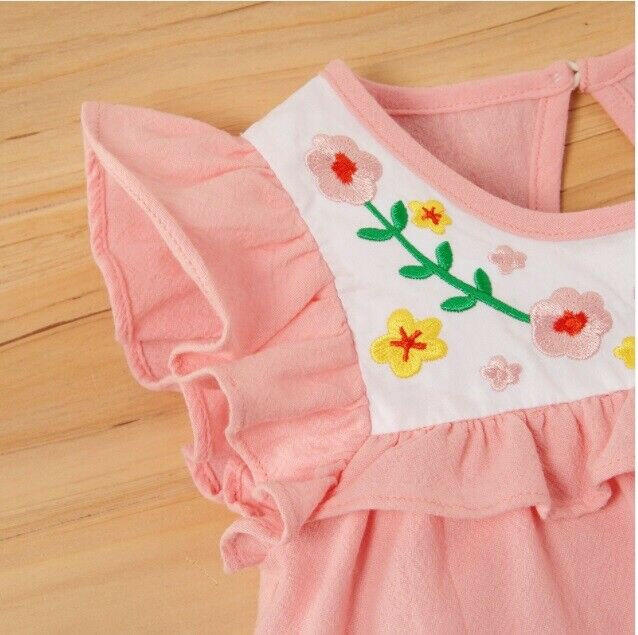 Pink Flower Embroidered Flutter Sleeve Dress - MARIGOLD
