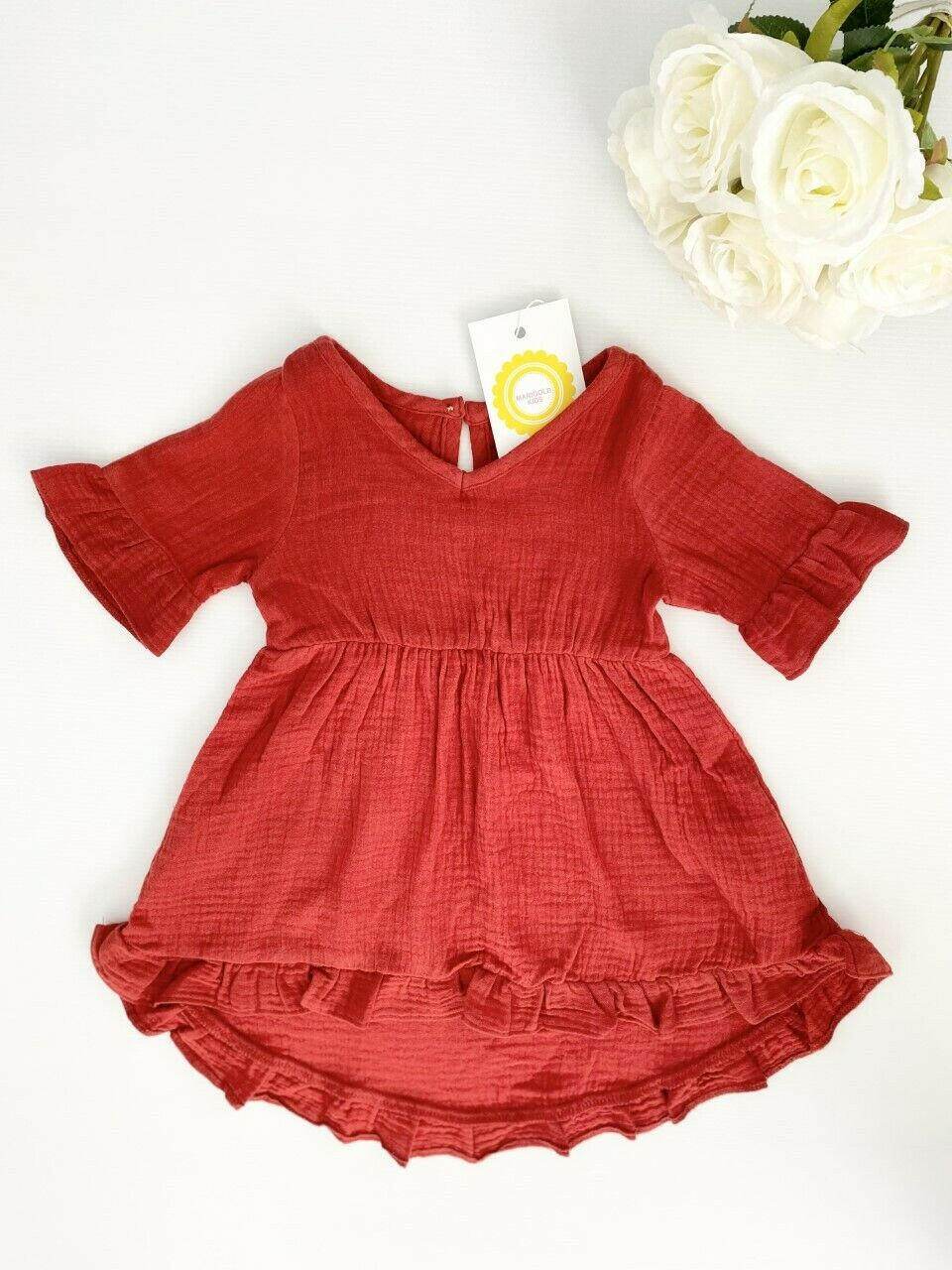 size 3-6m to 12-18 months baby toddler dress 100% cotton red boho ruffle dress - MARIGOLD