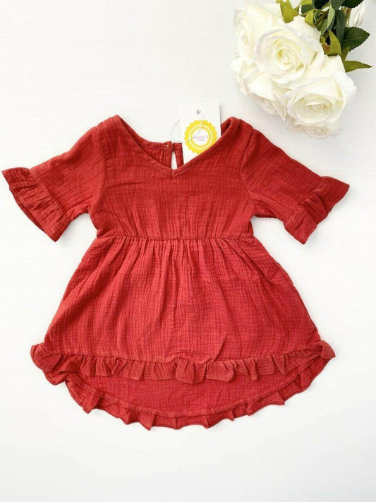 size 3-6m to 12-18 months baby toddler dress 100% cotton red boho ruffle dress - MARIGOLD