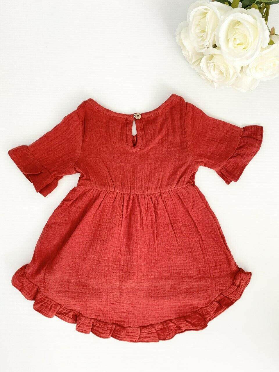 size 3-6m to 12-18 months baby toddler dress 100% cotton red boho ruffle dress - MARIGOLD