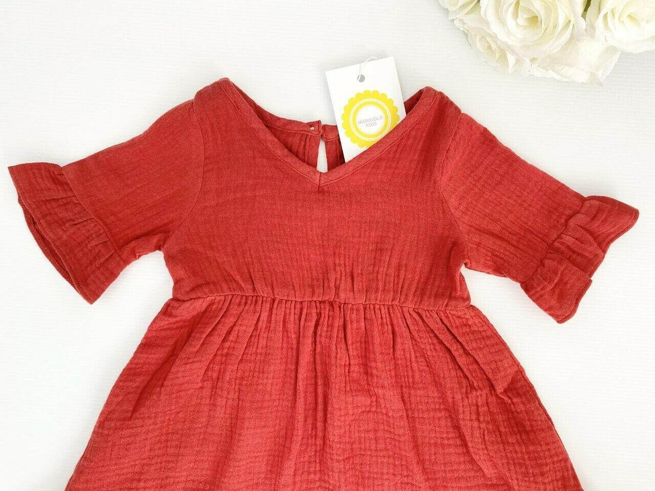 size 3-6m to 12-18 months baby toddler dress 100% cotton red boho ruffle dress - MARIGOLD