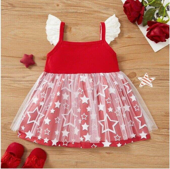 Size 6-9m to 18-24 months baby toddler girls dress red white star tulle dress - MARIGOLD