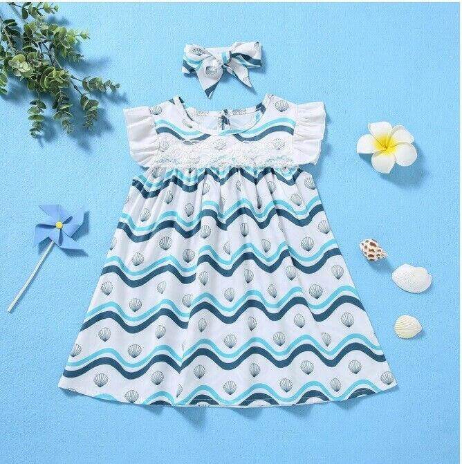 Size 6-9m to 18-24 months blue & white seashells waves baby dress & headband set - MARIGOLD