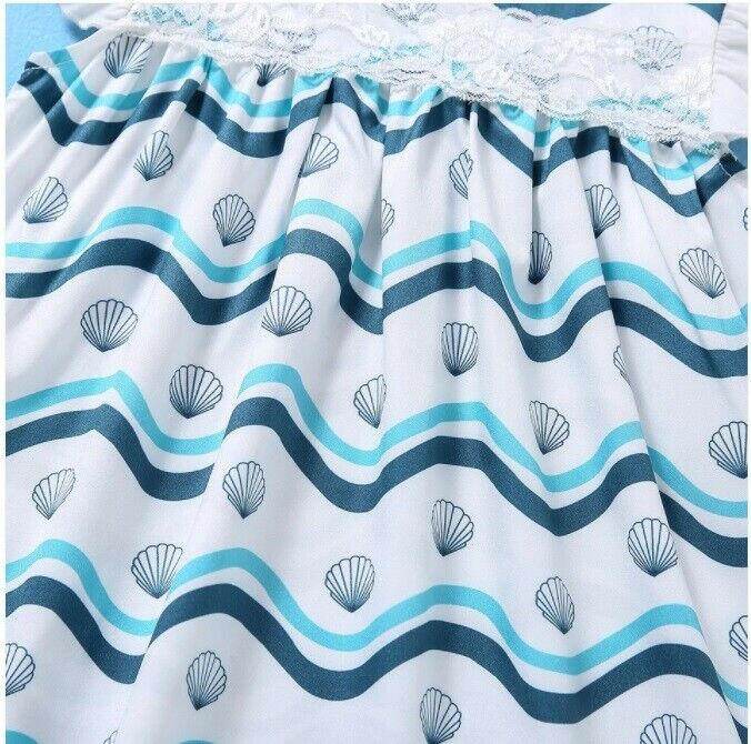 Size 6-9m to 18-24 months blue & white seashells waves baby dress & headband set - MARIGOLD