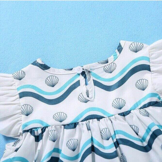 Size 6-9m to 18-24 months blue & white seashells waves baby dress & headband set - MARIGOLD