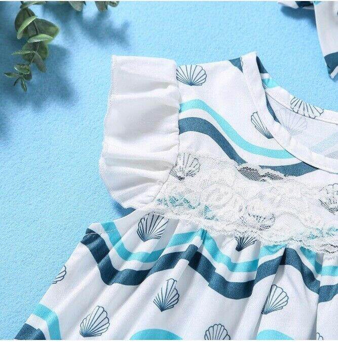 Size 6-9m to 18-24 months blue & white seashells waves baby dress & headband set - MARIGOLD