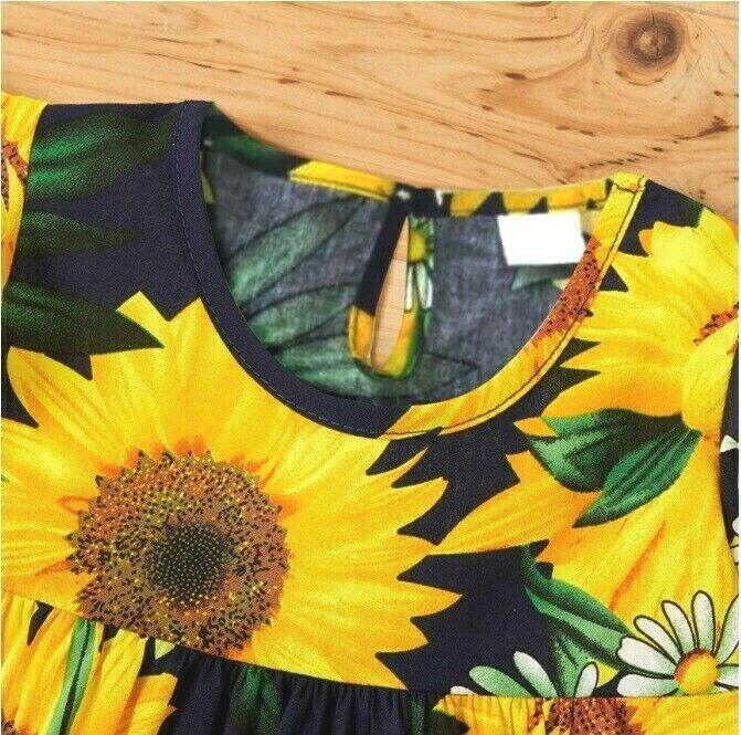 size 6-9m to 3 years 100% cotton sunflower dark blue girls dress - Select Size - MARIGOLD