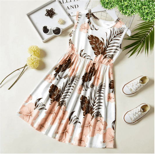 Girls dress new pink hibiscus cocoa palms print girls dress - MARIGOLD