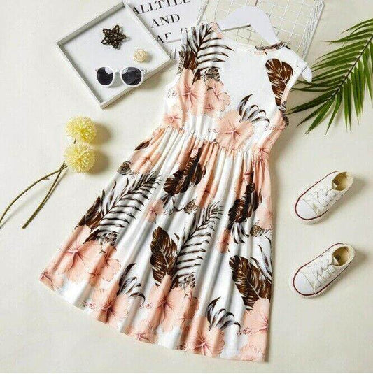 Girls dress new pink hibiscus cocoa palms print girls dress - MARIGOLD