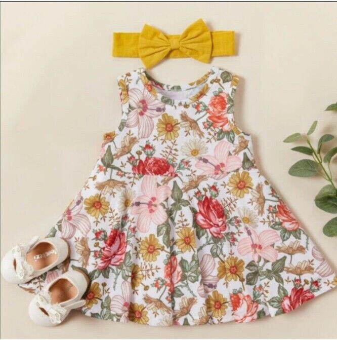 baby girls dress floral baby dress and yellow headband set - MARIGOLD