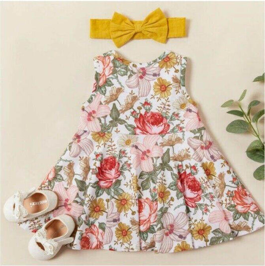 baby girls dress floral baby dress and yellow headband set - MARIGOLD