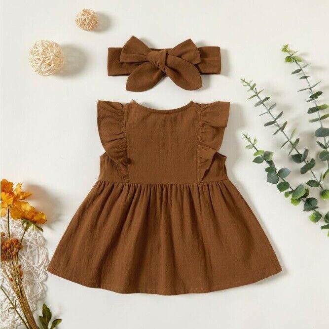 size 3-6m/6-9m/9-12m/18-24m cocoa brown button front baby dress & headband set - MARIGOLD