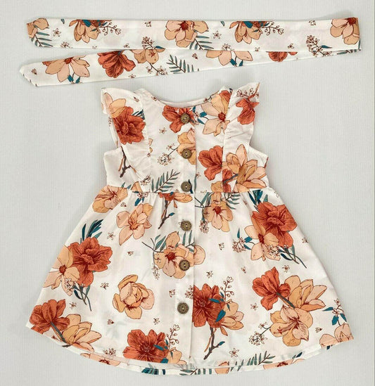 size 3-6m to 12-18m new baby girls dress coral orange floral dress & headband - MARIGOLD