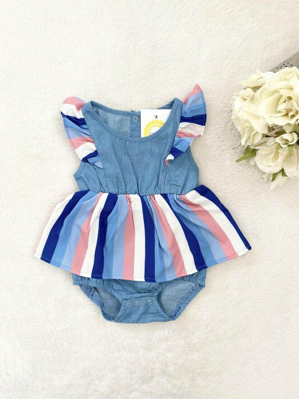 Baby Girls Dress Size 6-9 months Blue and Pink Striped Chambray Baby Dress - MARIGOLD