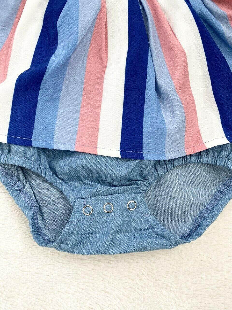 Baby Girls Dress Size 6-9 months Blue and Pink Striped Chambray Baby Dress - MARIGOLD