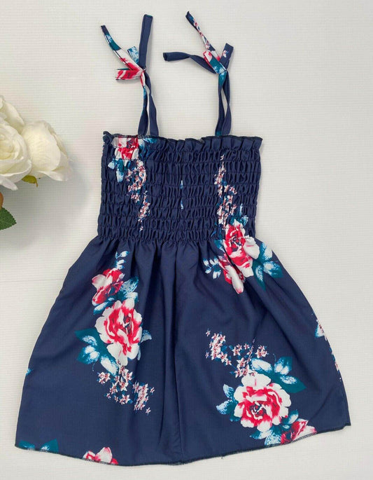 girls dress navy blue pink floral shirred bodice girls dress size 12-18 months - MARIGOLD