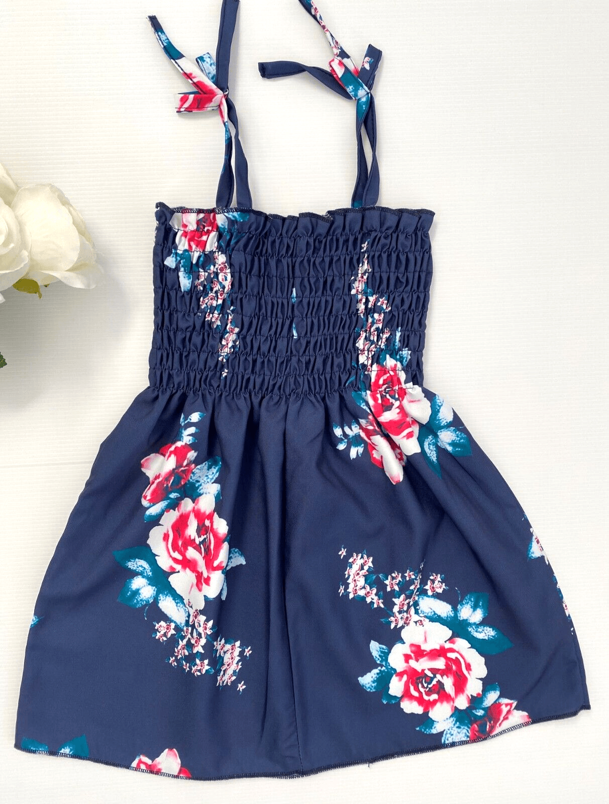 girls dress navy blue pink floral shirred bodice girls dress size 12-18 months - MARIGOLD
