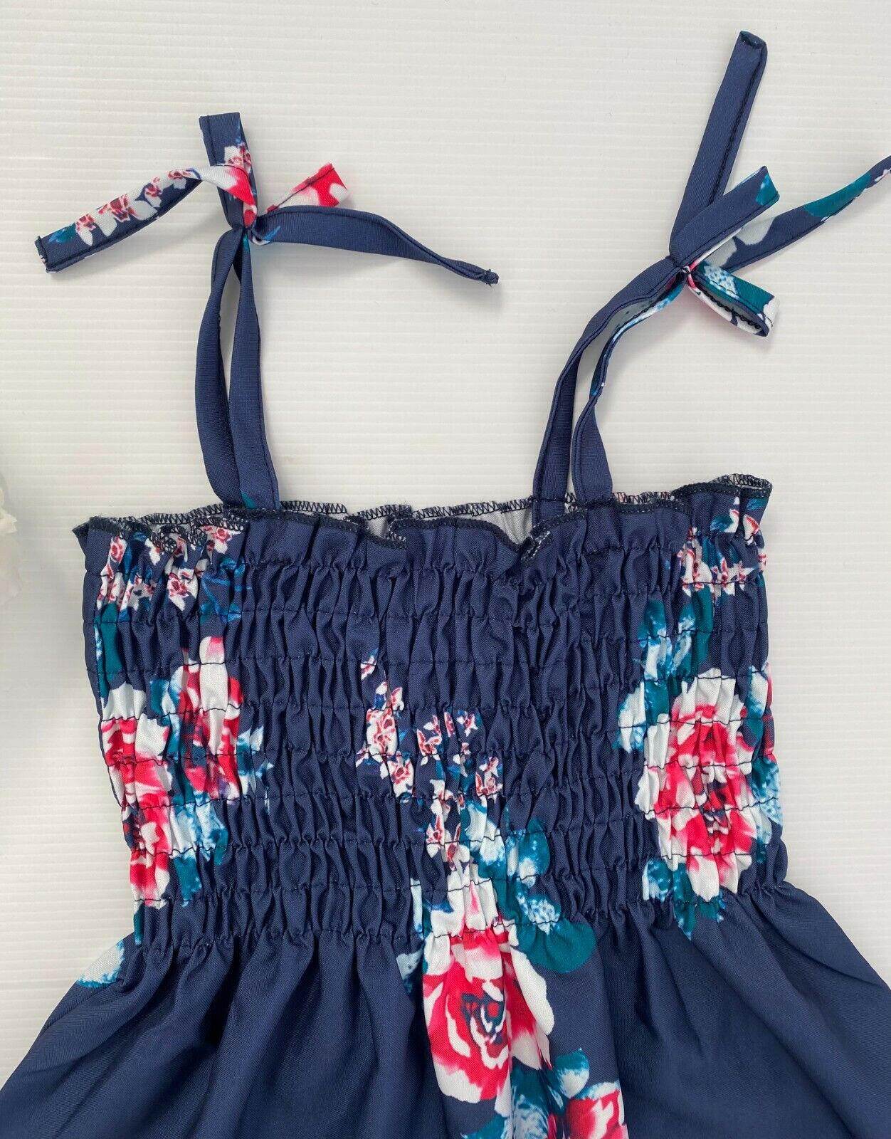 girls dress navy blue pink floral shirred bodice girls dress size 12-18 months - MARIGOLD