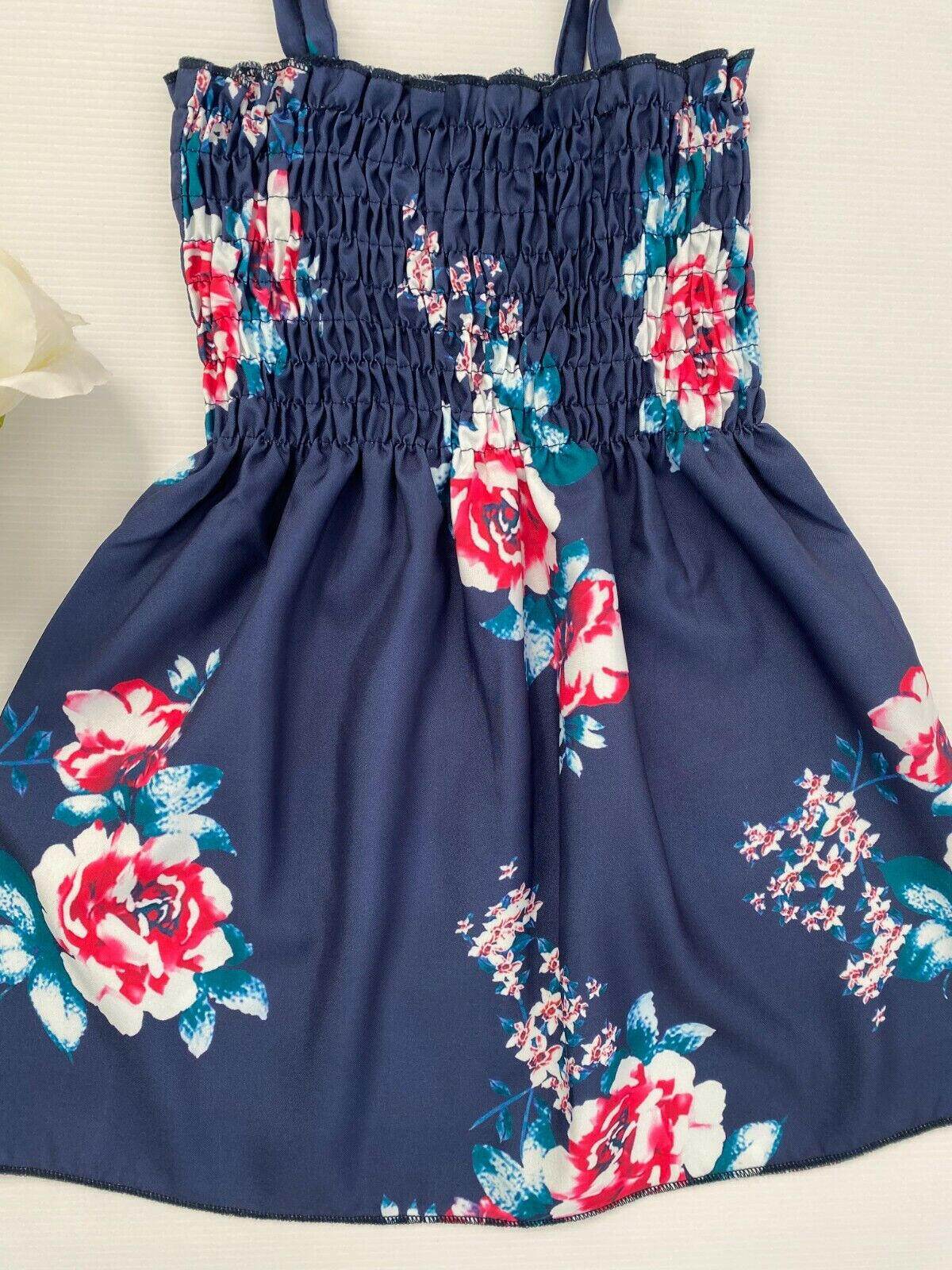 girls dress navy blue pink floral shirred bodice girls dress size 12-18 months - MARIGOLD