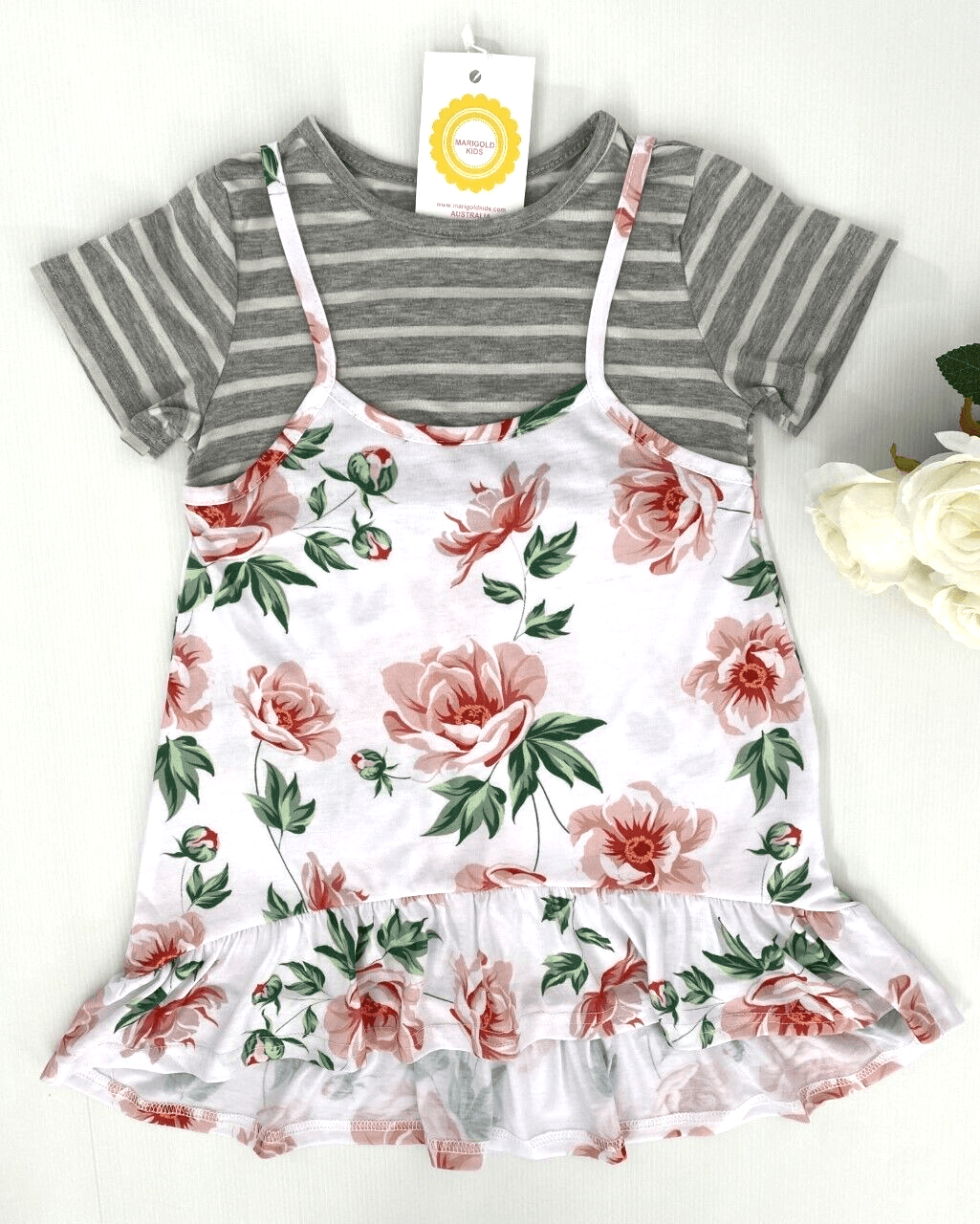 girls dress new size 3-4 years floral high low girls dress over grey stripe tee - MARIGOLD
