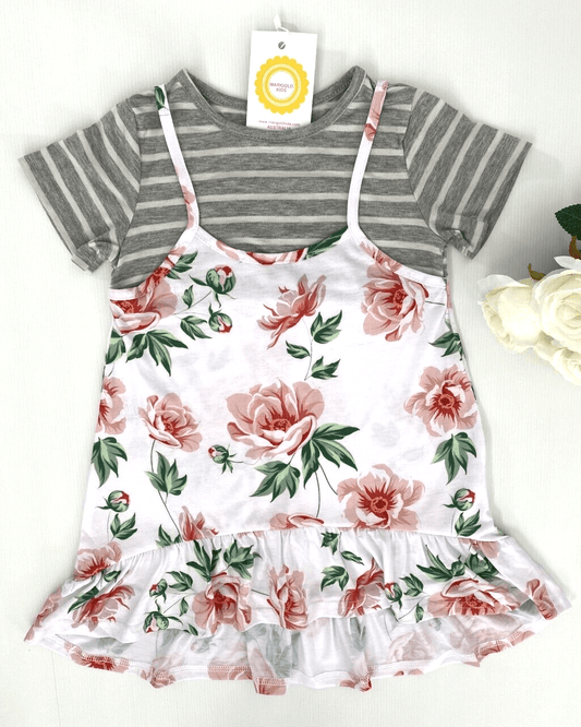 girls dress new size 3-4 years floral high low girls dress over grey stripe tee - MARIGOLD