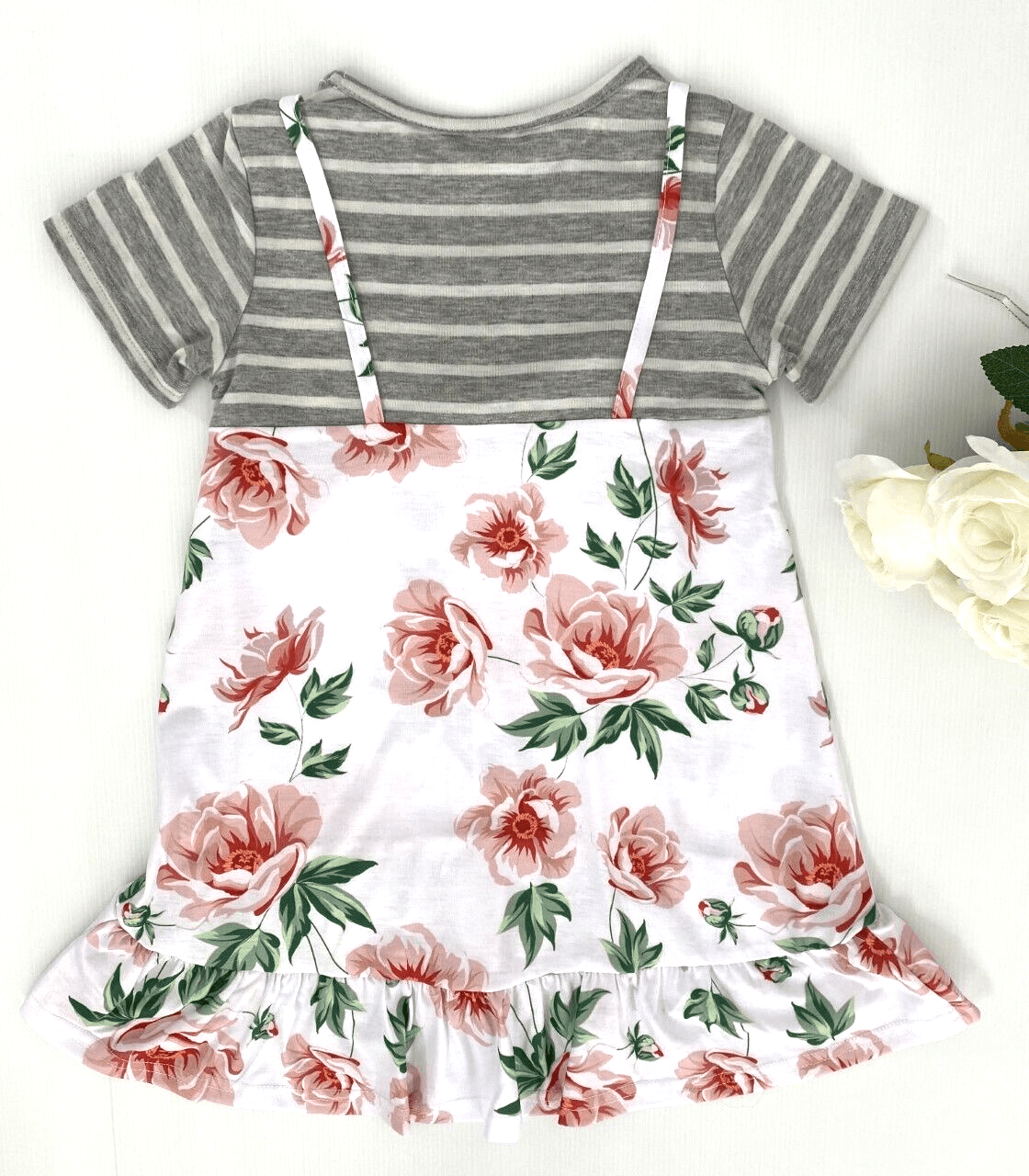 girls dress new size 3-4 years floral high low girls dress over grey stripe tee - MARIGOLD