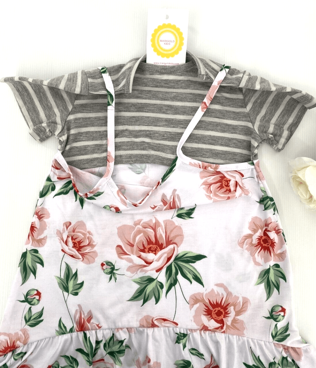 girls dress new size 3-4 years floral high low girls dress over grey stripe tee - MARIGOLD