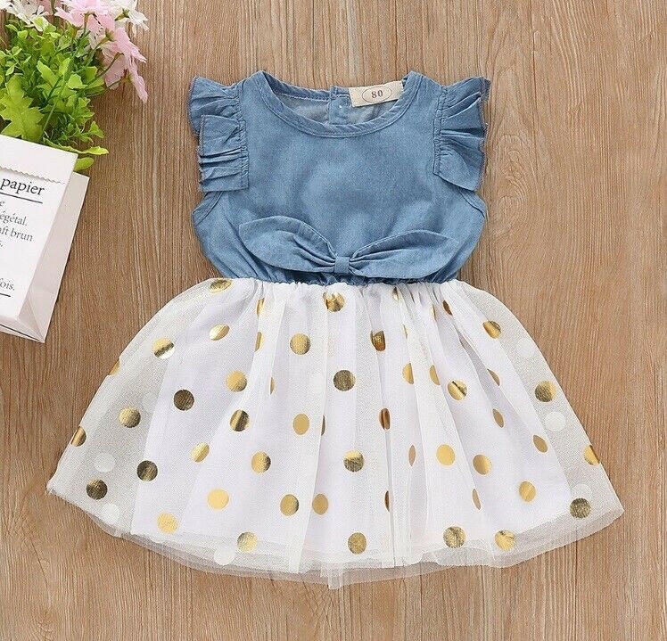 Girls dress size 12-18 months blue chambray gold polka dot tulle girls dress - MARIGOLD