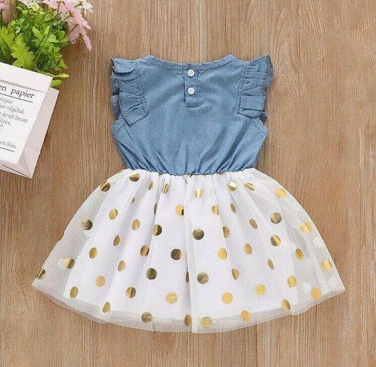 Girls dress size 12-18 months blue chambray gold polka dot tulle girls dress - MARIGOLD