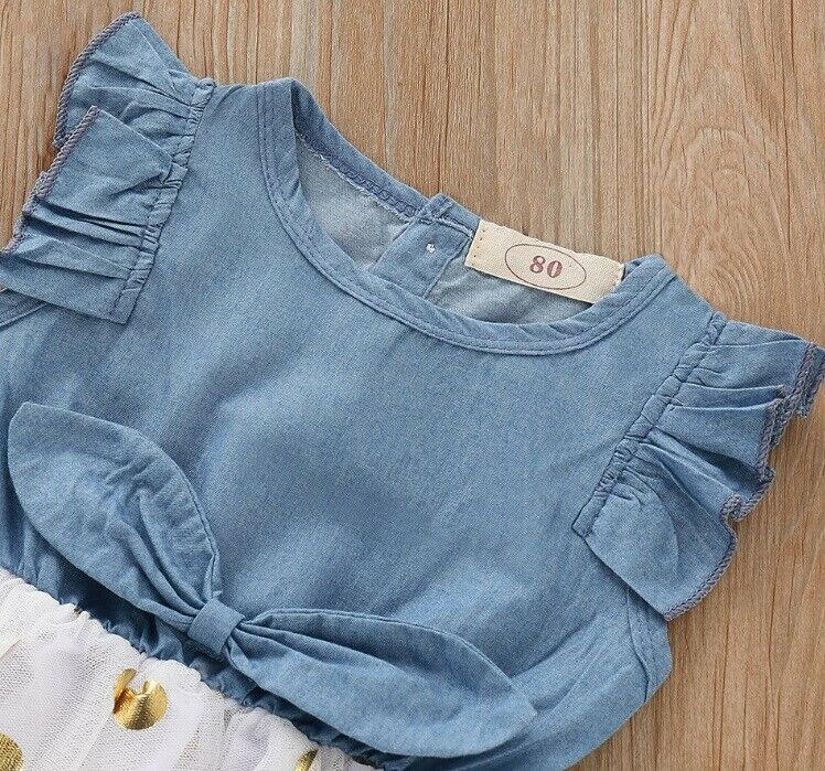 Girls dress size 12-18 months blue chambray gold polka dot tulle girls dress - MARIGOLD