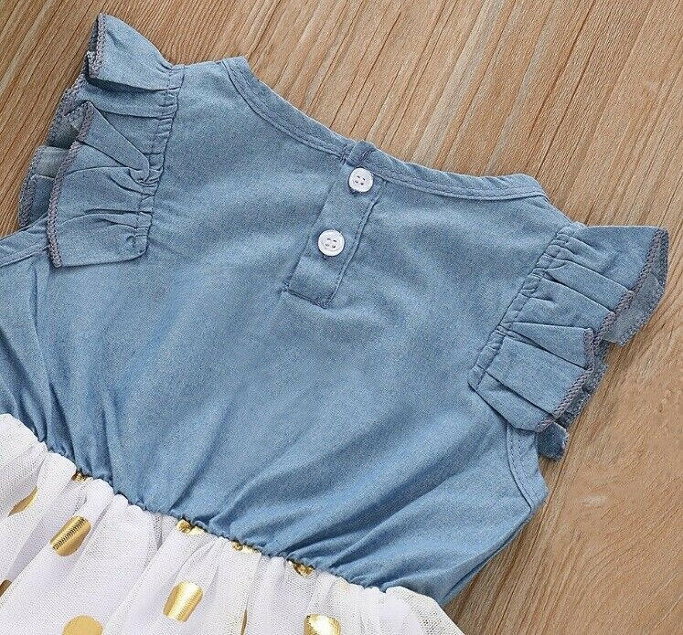 Girls dress size 12-18 months blue chambray gold polka dot tulle girls dress - MARIGOLD