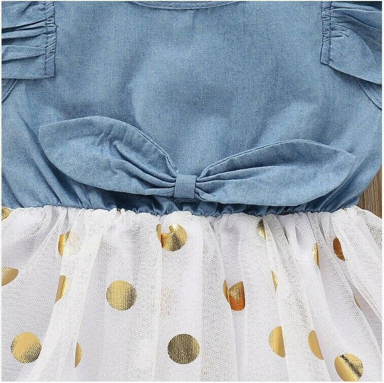 Girls dress size 12-18 months blue chambray gold polka dot tulle girls dress - MARIGOLD