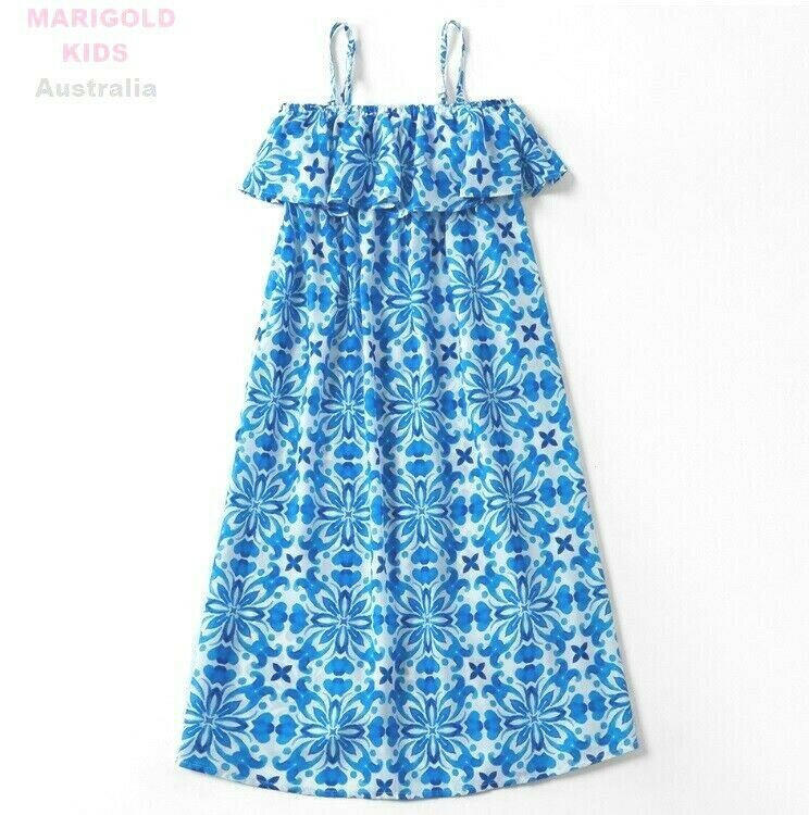 Girls Dress Size 3-4 Years New Blue Floral Mosaic Print Girls Maxidress Dress - MARIGOLD