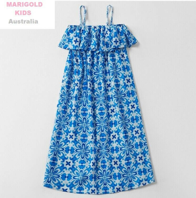 Girls Dress Size 3-4 Years New Blue Floral Mosaic Print Girls Maxidress Dress - MARIGOLD