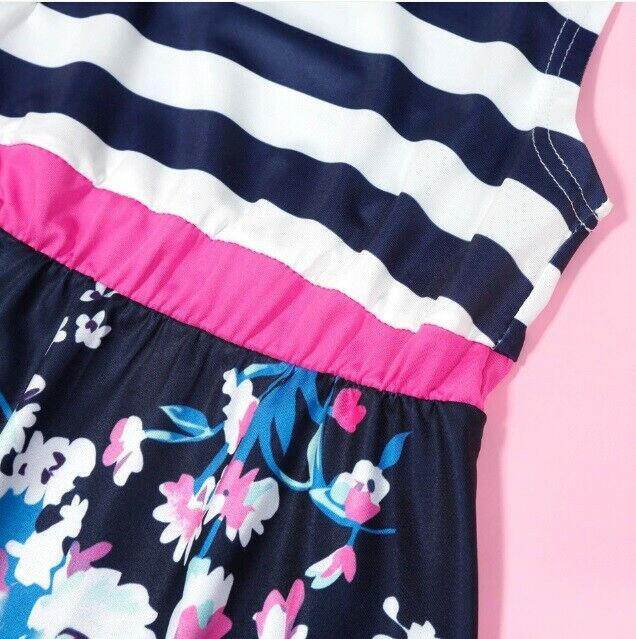 Girls Dress Size 4-5 Years New Navy Blue Stripe Bodice Floral Girls Dress - MARIGOLD