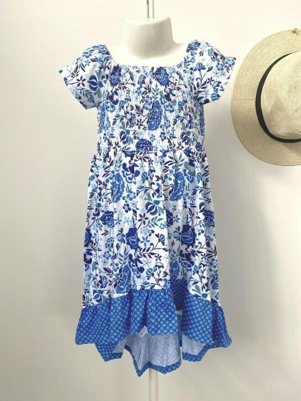 NEW Size 3-4 Years Girls Dress Pretty Blue & White Floral High Low Girls Dress - MARIGOLD