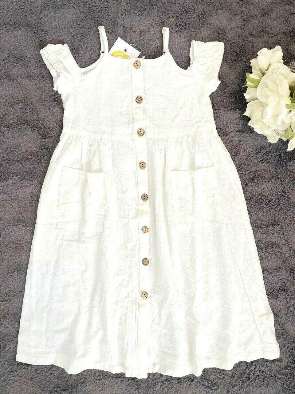NEW Size 3-4 Years Girls Dress Pretty White Button Long Dress with pockets - MARIGOLD