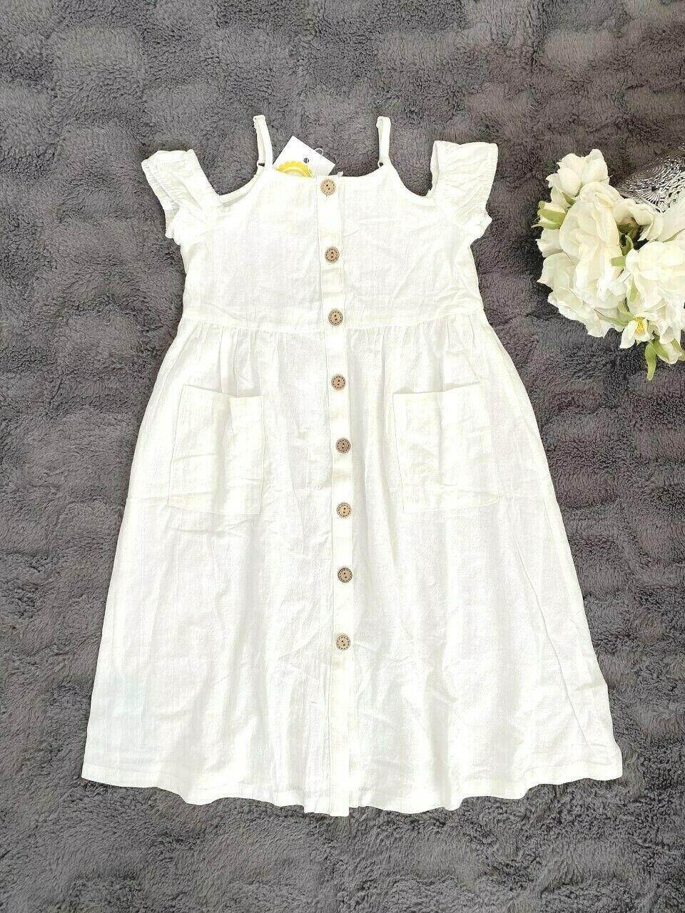NEW Size 3-4 Years Girls Dress Pretty White Button Long Dress with pockets - MARIGOLD