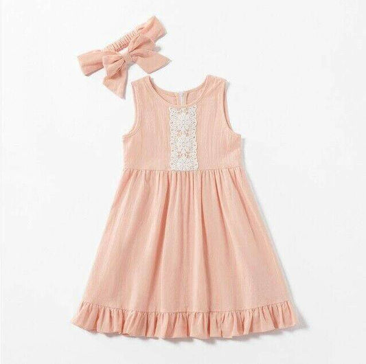 NEW Size 4-5 years 100% Cotton Pretty Pink Ruffle Hem Dress & Headband Set - MARIGOLD