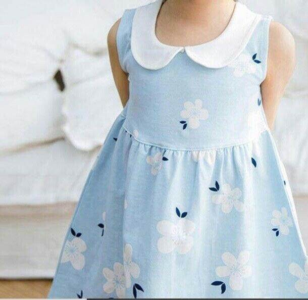 new size 6-9 months baby girls dress 100% cotton white flower blue girls dress - MARIGOLD